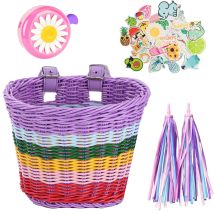 Cestino anteriore per bicicletta in vimini in Rattan 4 pz/set PE + campana + nappa + adesivi accessori per manubrio per bici per adulti intrecciati a mano regolabili