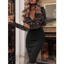 Frauen Frühling Herbst Gedruckt Kleid Sexy V-ausschnitt Lange ärmeln Mode Faltig Pailletten Kleid Hüfte-umarmt Schlank Leopard print Kleid