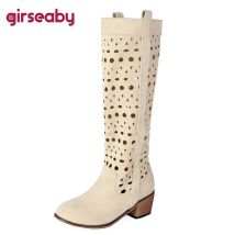 Girseaby 2025 Neue Sommerstiefel, runde Zehen, klobige Absätze, 4,8 cm, Flock-Wildleder, Slip-On, große Größe 45, 46 47, weiche, lässige, tägliche Stiefeletten