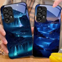 Bunte Aurora für Samsung Galaxy S 8 9 10 20 Plus 21 FE 22 23 24 Ultra S7 Edge Schwarz gehärtetes Glas Handyhülle Hartschale