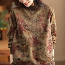 Felpa da donna in lino di cotone con stampa Vintage Patchwork di moda addensare tasche larghe letterario elegante semplice accogliente Pullover femminile