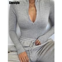 Shestyle Solid Zipper Bodycon Bodysuits Women Sexy Mock Neck Autumn Long Sleeve Fashion Slim Basic Body Winter Gray Outfits Lady