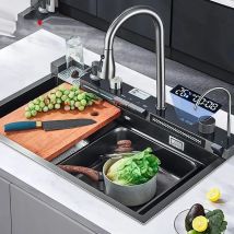 Edelstahl-Wasserfall-Küchenspüle, groß, Einzelschlitz, integriert, 75 x 45 cm, Wasserhahn-Set, Seifenspender/reines Wasser/Tassenwascher