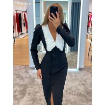 Clacive Bodycon schwarz Patchwork Kleid elegante Rüschen kragen Langarm Büro Midi Kleid Mode schlanke Schlitz Kleider für Frauen