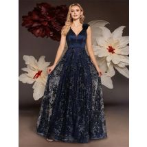 Elegantes Abendkleid mit V-Ausschnitt und goldenem Blumenmuster, lang, 2024, luxuriöses Damen-Chiffon, ärmellos, Partykleid, Abschlussball, Cocktailkleid