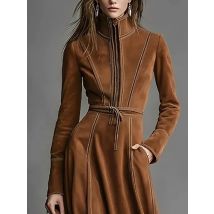 Elegantes Wildleder-Vintage-Damenkleid, braun, Reißverschluss, schmal, mit Schnürung, A-Linie, Herbst, High Street Chic, Stehkragen, lange Ärmel, Midi-Kleider