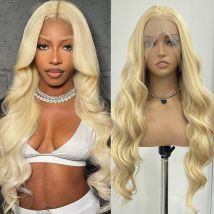 Blonde Wellenperücke, synthetische Spitzenperücken für Frauen, lange, tiefe Wellen-Spitzenperücke, bereit zum Tragen # 458 blonde Perücken, gewellte Körperperücke, Cosplay-Party