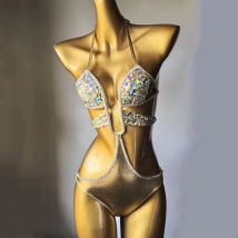 Luxury Hand Sewn Rhinestones Diamond Bikini One-Piece Swimsuit for Carnival Rave Festival Crystal Bikini Parties Glitter Outfit