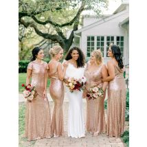 Glitzerndes Meerjungfrau-Kleid für Damen, glänzende Pailletten, O-Ausschnitt, rückenfrei, kurze Ärmel, schmales Trompeten-Hochzeits-Brautjungfernkleid