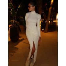 Dulzura Halbhoher Kragen mit langen Ärmeln, Schlitz, gerüscht, Patchwork-Maxikleid, solides, sexy, elegantes, figurbetontes langes Kleid, Party, Club, Herbst