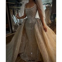 2 in 1 Champagner Brautkleider 2024 Meerjungfrau Luxus arabische Brautkleider mit abnehmbaren Rock Kristallen lange Vestidos de Novia