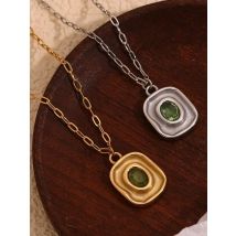 E.B.belle Oval Shape Green Zircon Necklace Stainless Steel Paperclip Chain 18K Gold Plated Hypoallergenic Waterproof Jewelry