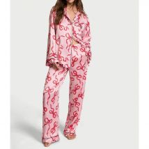 HEZIOWYUN Damen 2-teiliges Satin-Pyjama-Loungewear-Set, langärmelig, Revers, Ausschnitt, Schleife/Stern-Druck, Hemd, Tops + Hose mit elastischer Taille, Nachtwäsche