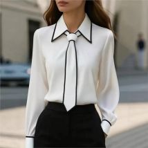 Frauen Hemd Formale Fliege Lange ärmeln Büro Dame Hemd Frauen Modische Einfarbig Herbst Hemd Blusen Weiß Tops