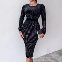 Kleid Frauen Pailletten Splice Volle Hülse Midi Kleider Split Solide Rundhals Slim Fit Vestidos Wrap Hüfte Elegante High Street