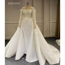 EBDOING Hochzeitskleid im Meerjungfrau-Stil, 2-in-1, U-Boot-Ausschnitt mit Perlenstickerei, individuelle Brautkleider
