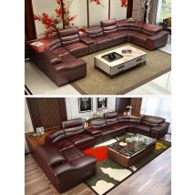 Luxury U-Shaped Genuine Leather Sofa Set with Recliner, Modern Sectional Couch with Storage and Cup Holders for Living Room