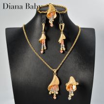 Shiny Charm Pendant Necklace Set for Women 18K Gold Plated Bracelets Charms Rings Fashion Earrings Female Jewelry Girls Gift