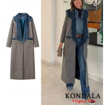 KONDALA-Frauen Elegante Weiche Tweed Langen Mantel Patchwork Plaid Mantel Robe Neue 2025, Frühling Herbst Mode High Street Outwear mantel