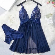 Transparent Blau Sexy Dessous Frauen Unterwäsche Durchsichtig Nachtwäsche Spitze Nachthemd Und Höschen Pijamas Set Erwachsene Weibliche Nighty