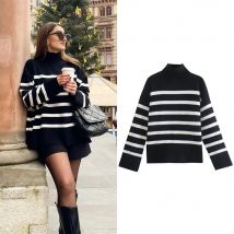 Damen Herbst Winter Pullover Frauen Pullover Lose Gestreiften Casual Stricken ChicTurtleneck Jumper Frauen Oversize Pullover Tops Weibliche