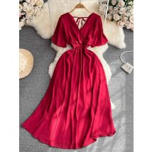 Sommer Vintage Frauen Langes Kleid Elegante V-ausschnitt Kurzarm Hohe Taille A-Line Bandage Maxi Robe Urlaub Strand Vestidos 2025 Neue