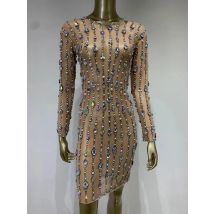 Lager Frauen Luxus sexy Mesh Kristall Diamanten Perlen Mini kleid Geburtstags feier Kostüm Bar Nachtclub Bühne Performance Kleidung