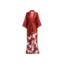 Print Crane Lady Kimono Bathrobe Gown Women Wedding Robe Loose Soft Satin Nightgown Sleepwear V-neck Long Novelty Nightwear
