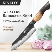 XINZUO 5,7'' Santokummesser 67 Lagen Damaststahl 15 ° +1 Pro Seitenschneide 60+2HRC Härte Weiße Eiche+Roter G10-Griff