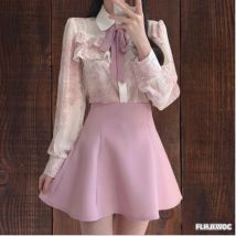Damen-Rüschen, niedliche Fliege, Oberteile, Preppy-Stil, Vintage-Stil, japanisches Korea-Design, Knopfleiste, elegante formelle weiße rosa Hemden, Blusen