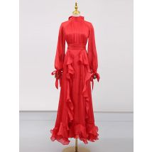 KBQ Solid Elegant Folds Slimming Chic Dresses for Women Turtleneck Long Sleeve High Waist Temperament Dress Female Fashion New