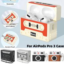Etui 3D na AirPods Pro 3 w stylu retro aparatu fotograficznego, miękkie, silikonowe, wytrzymałe, ochronne z narzędziami do czyszczenia i karabińczykiem do AirPods Pro 3