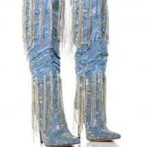 Blaue Denim-Quasten-Dekor-Stiefel, funkelndes Kristall-Dekor, dünne High-Heels-Schuhe für Frauen, kniehohe Schuhe, 2025, Zapatos Para Mujere