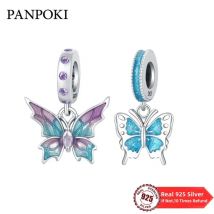 Heißer Verkauf 100 % 925 Sterling Silber Lila Blau Schmetterling Charm Perlen Fit Original Feine Anhänger Armband Schmuck Machen