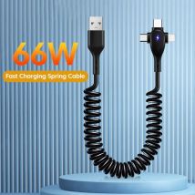3 in 1 66W 6A Fast Charging USB Type C Cable Micro USB Spring Car Charger For iPhone Xiaomi  Samsung Phone Charger Cord