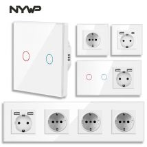 NYWP-Interruptor táctil estándar europeo, cristal blanco, panel de cristal, CA 220V, 1 Juego, 1 vía, luz de pared, pantalla táctil de pared