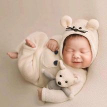 Ylsteed 3-teiliges Set für Neugeborene, Fotografie-Outfits, süßer Baby-Overall, Body mit Maus, Hut und Puppe, Kleinkind-Fotoshooting-Requisiten
