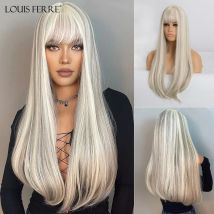 LOUIS FERRE-pelucas sintéticas largas blancas con flequillo para mujeres negras, pelucas rectas de Cosplay con resaltado marrón, cabello falso Natural