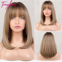 Parrucche sintetiche per capelli corti lisci biondi castani con frangia per le donne Parrucche Bob con evidenziazione dorata Cosplay resistenti al calore naturale