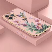 Cute Bird Flower Pattern Case For iPhone 15Pro 14 Pro Plus 13 Mini 15 Plus 16 Pro Max Shockproof Plating Soft Protective Cover