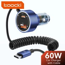 Toocki Caricabatteria da auto USB da 60 W Ricarica rapida 4.0 3.0 per iPhone 15 14 Samsung S23 Xiaomi Tipo C Caricatore per telefono da auto con cavo di tipo C