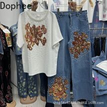 Casual Women Two-piece Set Luxury Beading Sequins Embroidery Short Sleeve T-shirt Top + High Waist Wide Leg Straight Denim Pants