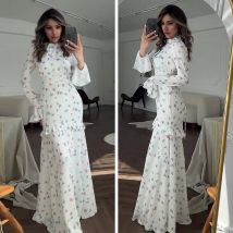 Rüschen bedrucktes langärmliges langes Kleid Damen elegante Kontrast farbe Slim Fit Spitze Taille lässig Sommer mode langes Kleid