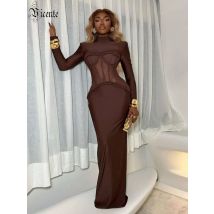 VC Anspruchsvolles braunes Kleid mit Stehkragen und langen Ärmeln und durchsichtigem Mesh-Korsettakzent für Party-Abendkleid