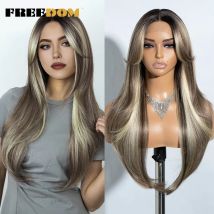 FREEDOM Synthetic Lace Front Wigs For Women Straight Lace Wig With Bangs 26 inches Ombre Brown Highlight Blonde Wigs Cosplay Wig
