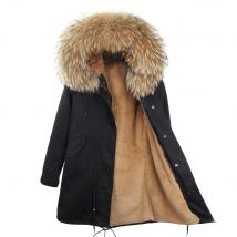 Winter Männer Lange Jacke Echt Waschbären Pelz Kragen Mit Kapuze Mantel Abnehmbare Futter Schwarz