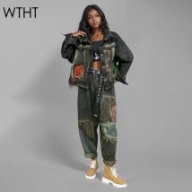 Wtht Vintage Mode passt Frauen Patchwork Kontrolle Farbe Plüsch Rand Denim Mantel lose Harem Jeans Set weiblich 2024 Herbst 1 ls065