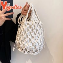 Kordelzug Damen Stroh Eimer Tasche Sommer gewebte Umhängetaschen Geldbörse Strand Handtasche Stroh Handtaschen lässige Umhängetasche