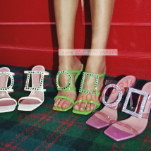 Funkelnde Kristall quadratische Kreis Details Panto letten Frauen Luxus quadratische Zehen elegante Schuhe Damen trend ige klare Riemen Spule Absatz Hausschuhe