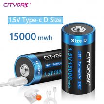 CITYORK 1,5 V D-Akku, wiederaufladbar, USB R20 LR20, wiederaufladbarer Li-Ionen-C-Akku für Taschenlampe für Gasherde